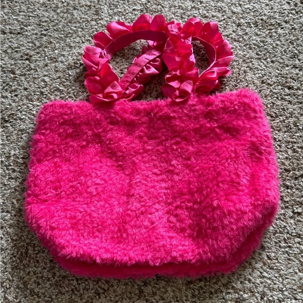 MAISON DE FLEUR Pink Fuzzy‎ Tote Bag with Ruffled Handles